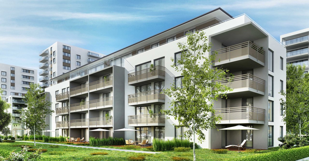 Ein Mehrgeschossbau mit blauem Himmel.
