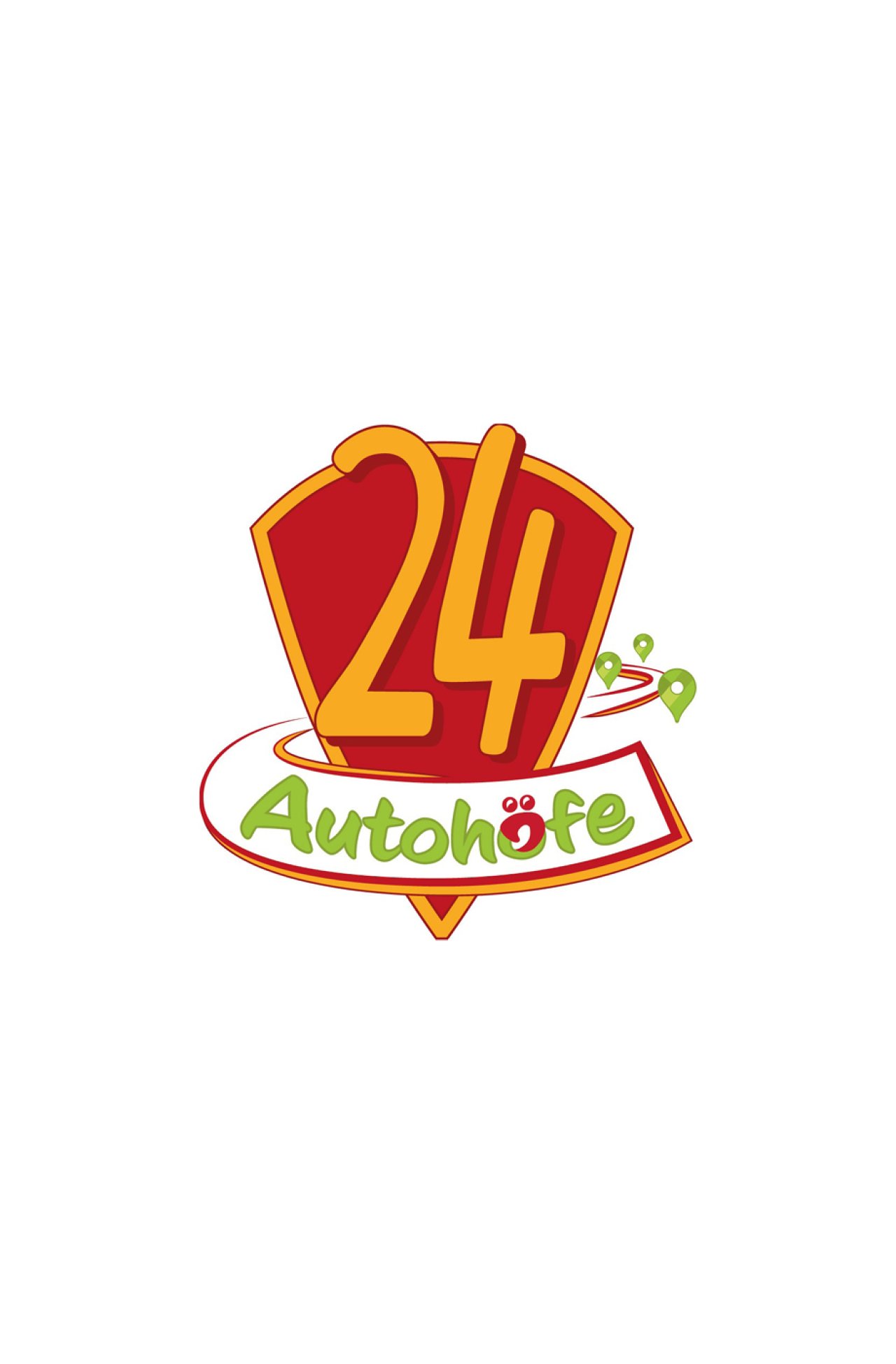 Logo von 24 Autohöfe mit rotem Schild und grüner Schrift, zwei Standortmarkierungen.
