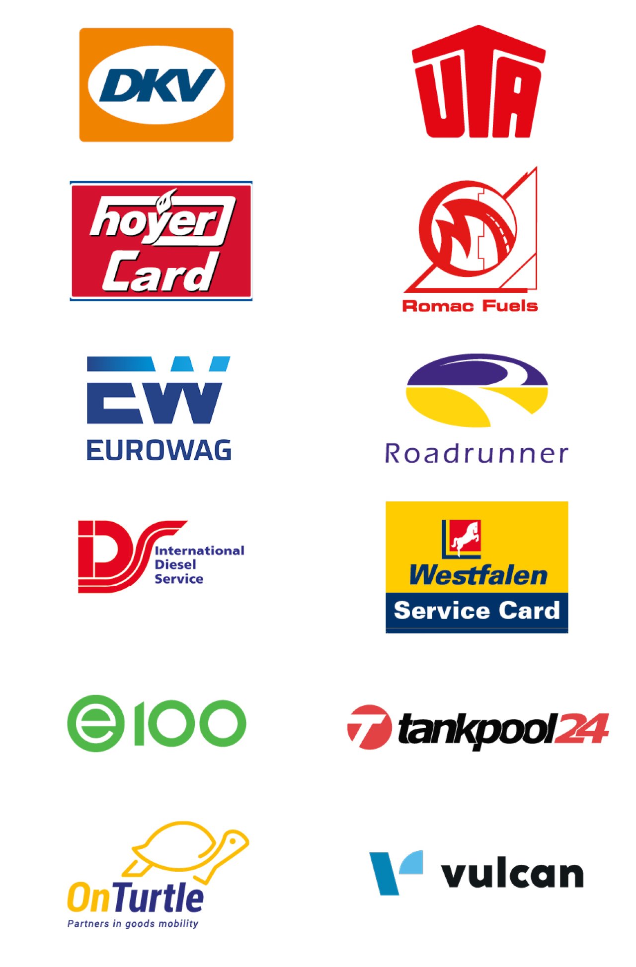 Logos von zehn Tank- und Servicekartenanbietern, darunter DKV, UTA, hoyer Card, Romac Fuels, EUROWAG, Roadrunner, International Diesel Service, Westfalen Service Card, e100, tankpool24, OnTurtle und vulcan.