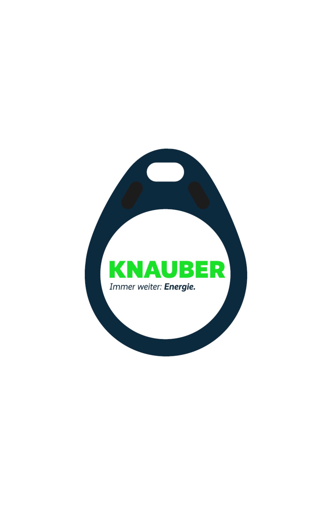 Ein schwarzer Transponder mit weißem Innenteil auf dem das Logo der Firma Knauber in grün zu sehen ist,.