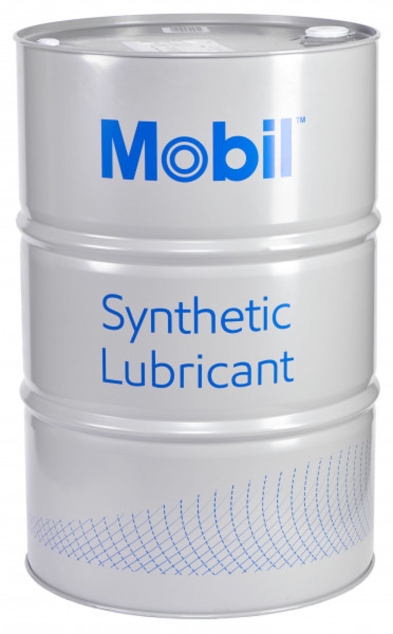 Graue Tonne mit Mobil in blau und Synthetic Lubricant in blau.