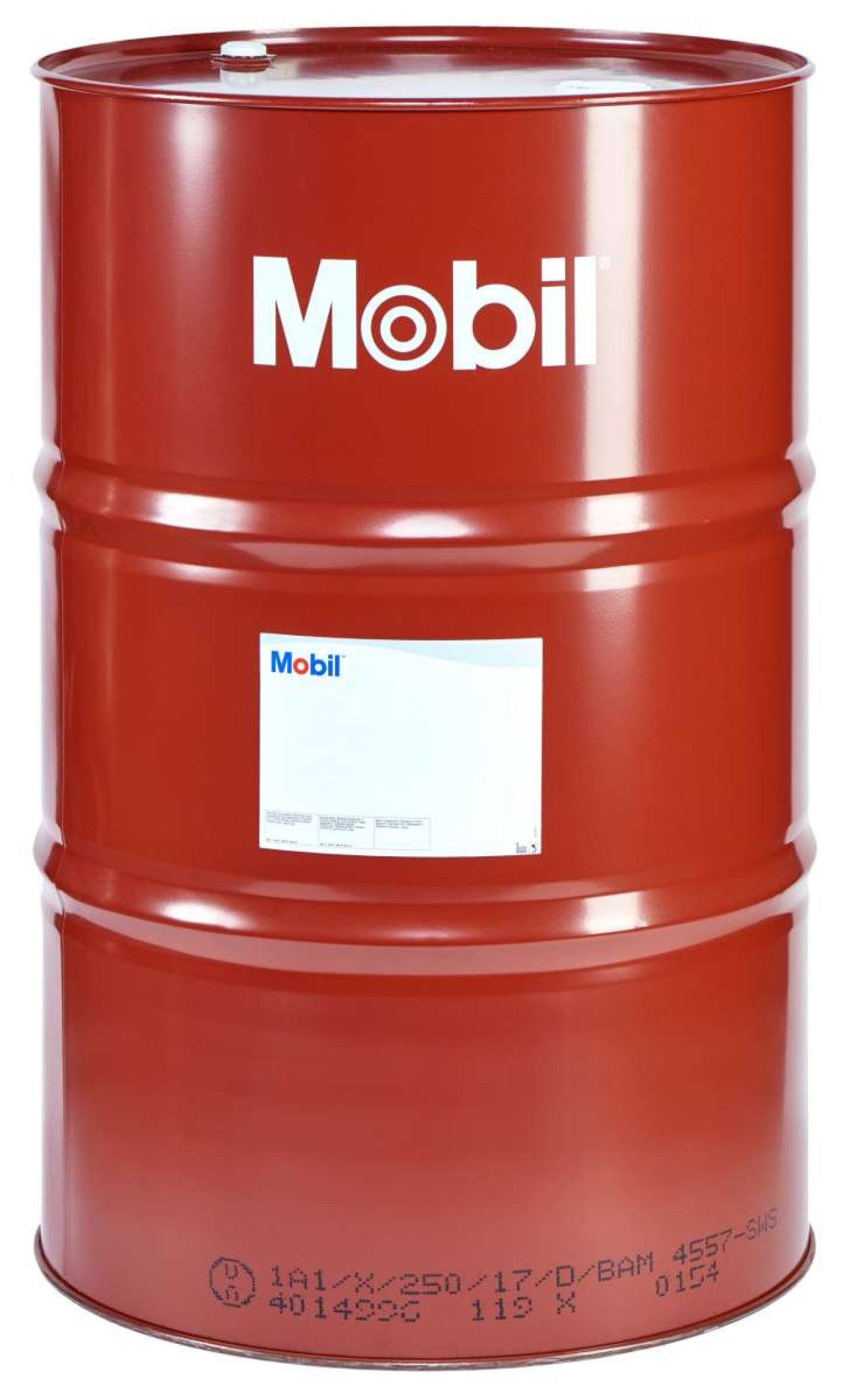 Rote Tonne mit Mobil in weiß und weißem Aufkleber.