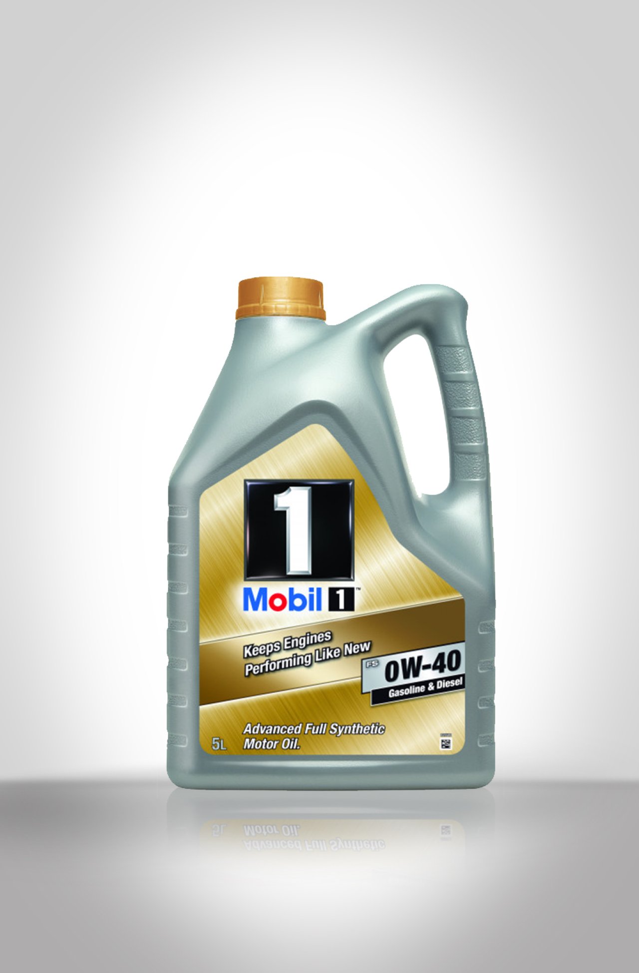 Ein 5-Liter-Kanister Mobil 1 Motoröl (0W-40) mit goldfarbenem Etikett und der Aufschrift „Keeps Engines Performing Like New“ – geeignet für Benzin- und Dieselmotoren.