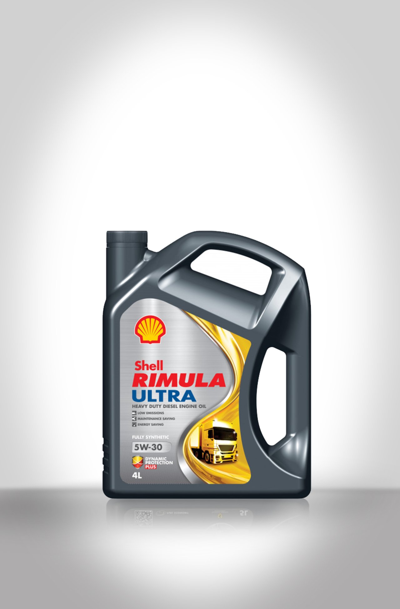 Ein Kanister Shell Rimula Ultra 5W-30 Motoröl in den Farben grau, rot und gelb.