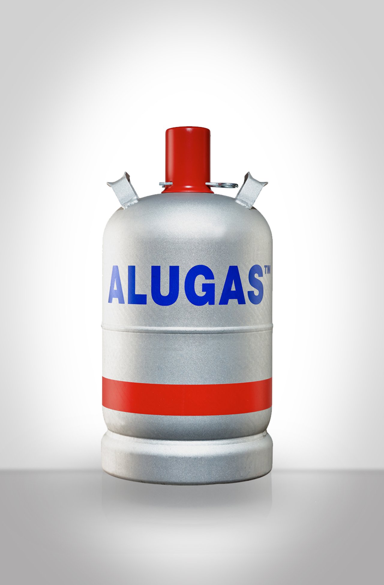 Eine silbergraue Alugas 11kg Propangasflasche mit blauer Aufschrift